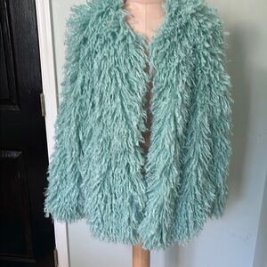 Anthropologie New With Tags Shaggy Faux Fur Jacket in Light Blue Aqua